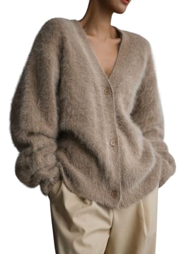 Image of chouyatou Women Furry Open Front Cardigan V-Neck Loose Casual Fluffy Knit Button Down Sweater Coat