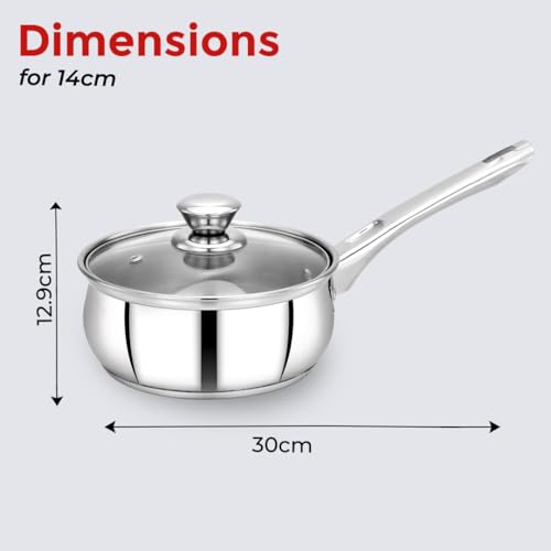 Image of Avias INOX IB Stainless Steel Saucepan with Glass Lid, Triply Induction Bottom, Induction & Gas Stove Compatible, Tea Pan, Milk Pan, Rust Proof Sauce Pan 14cm