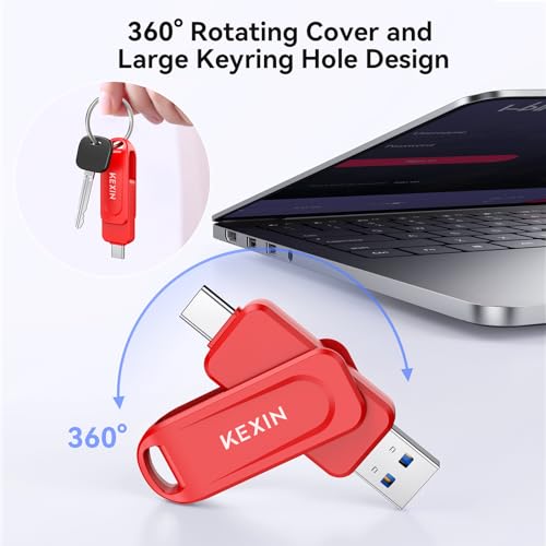 Image of KEXIN Dual 64GB USB 3.0 Flash Drive Pen Drive 110MB /s Swivel USB-A & Type-C Memory Stick for Smartphone Tablet iPhone 15 /16 /17 Car Game Console, Red