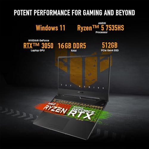 TUF Gaming A15 Gaming Laptop, 15,6" FHD 16:9 144Hz Display, AMD Ryzen 5 7535HS Processor, NVIDIA GeForce RTX 3050, 16GB DDR5, 512GB PCIe Gen 4.0 SSD, Wi-Fi 6, Windows 11 Home, FA506NC-DS53 - Notebook - Immagine 1