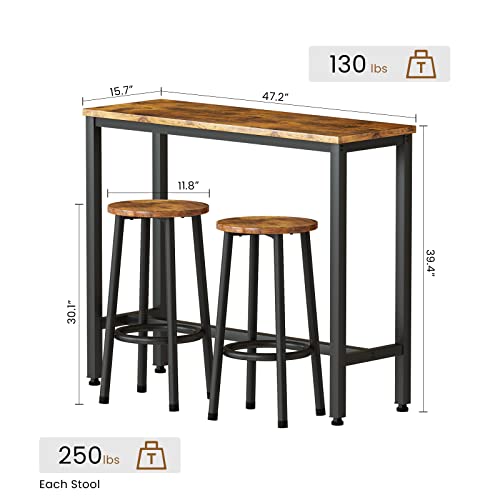 Awqm 3 Piece Bar Table Set, 47.2" Pub Height Table With 2 Round Stools,Industrial Breakfast Bar Table Sets,Kitchen Table Set Of 2 Ideal For Kitchen,Living Room,Bar,Rustic Brown #TOP5