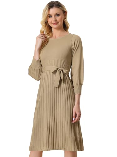 Image of Allegra K Women's Knit Pleated Dresses Casual Belted Midi Sweater Dress