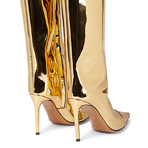 Image of Arqa Knee High Boots for Women Wide Calf 4 in Stiletto High Heel Metallic Boots Winter Chrome Zipper Long Boots Dressy Party Shoes