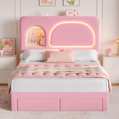 Image of Keyluv Full Size LED Bed Frame for Grils with Storage Bookcase Headboard&Charging Station, Velvet Upholstered Platform Bed with 2 Large Drawers&USB Ports, Sturdy Metal Support, No Box Spring Need,Pink