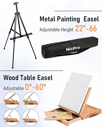Nicpro-158PCS-Deluxe-Large-Painting-Kit-with-Metal-and-Solid-Beech-Wood-Easel-Acrylic-Oil-Watercolor-Paint-Set-Paint-Brushes-Canvases-Palette-Paper-Pad-Professional-Art-Set-for-Adults-Artist