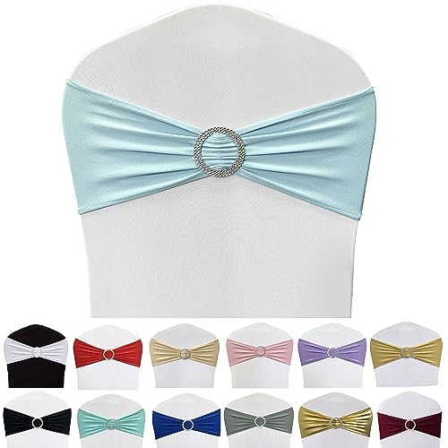 Image of Spandex Chair Sashes Bands, Baby Blue, 50PCS | Stretch Chair Ties Bows, With Buckle Slider, For Wedding Party Banquet Decoration