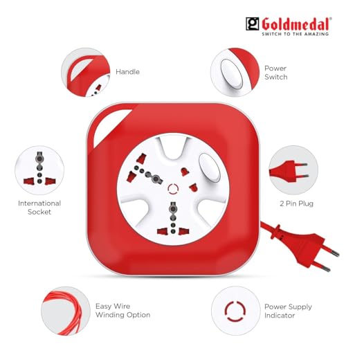 Image of Goldmedal Infino 2 Pin Extension Cord(White and Red) Pack of 1,Master Switch with Indicator,Heavy-Duty 5-Meter Cable,International Sockets & 2-Pin Socket