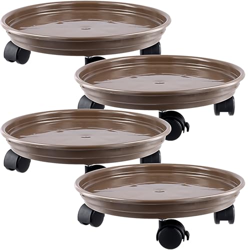 KEILEOHO 4 unidades de 33 cm con ruedas, soporte para plantas, color marrón, con ruedas, para interior y exterior