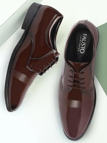 Image of FAUSTO Men's Patent Leather Party Formal Textured Strip Lace Up Shoes