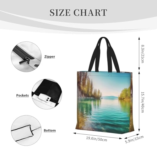 Clean Water and Lake Landscape Tote Bag for Women, Zipper Casual Tote's Handbag for Travel, Work, Lightweight Laptop Bags Big Capacity Shoulder Bag Reusable Grocery Shopping Bags3
