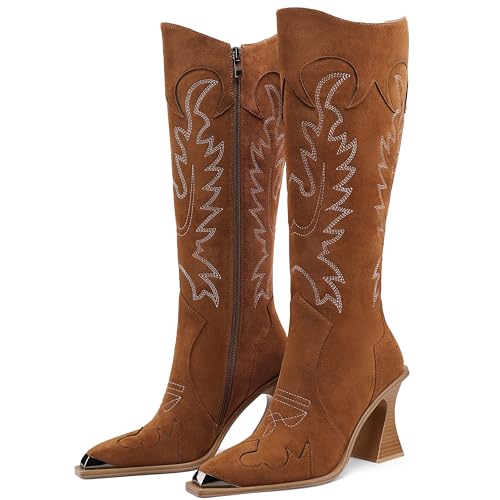 Women's Western Boots Vintage Embroidered Square Toe Cowboy Knee High Boots Brown Leather High Heel Cowgirl Shoes for Country Music Festivals Rodeo Parties and Events