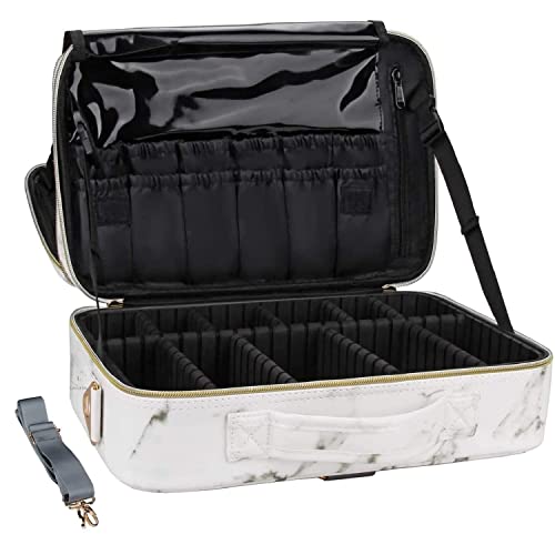 LACOPINE 28cms Makeup Organizer Cosmetic Artist Storage Case with Adjustable Dividers, Elastic Makeup Brush Slots and Shoulder Strap for Women (18 INCH (2 LAYER)_Travel Makeup Bag_White)