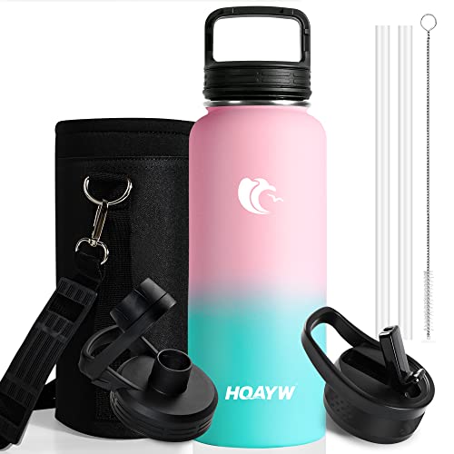 HQAYW Sport Water Bottle Insulated 32oz, Stainless Steel Water Bottle with Straw Spout Wide Mouth Caps, BPA-Free Leakproof Insulated Water Bottle, Flask, Mug, Thermo for Biking, Bubble Gum