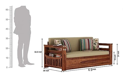 Image of Solid Sheesham Wood Sofa Cum Bed with Storage Side Pocket- 3 Seater Wooden Sofa Bed for Living Room | Convertible Diwan Bed with Cushions | Modern Space Saving Furniture (Cream)