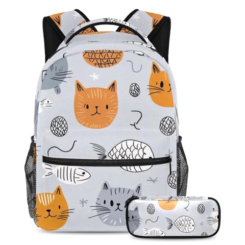 Sac à dos trousse à crayons chats gris et jaune pour ranger grands cahiers