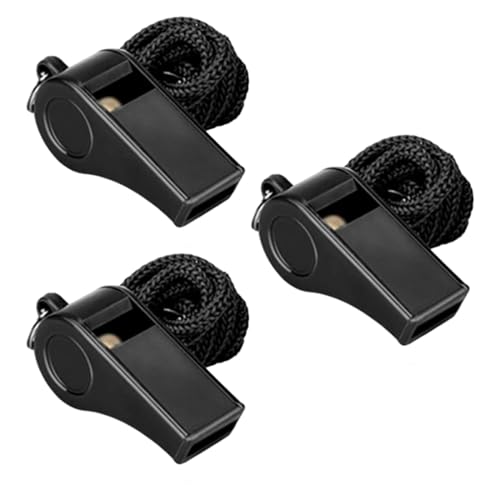 WUSJCOF 3 silbatos de plástico negros, silbatos deportivos, silbatos con cordón, aptos para hombres y mujeres, con un sonido fuerte y claro, ideales para entrenadores, árbitros y oficiales.