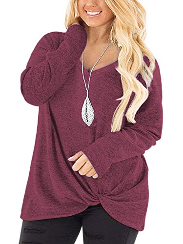 DOLNINE Plus Size T Shirts for Women Long Sleeve V Neck Tops Wine Red-14W