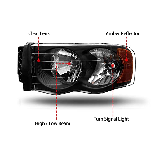 As Headlight Assembly Replacement For 2002-2005 Dodge Ram 1500/2003-2005 Ram 2500 3500 With Black Housing Amber Reflector Clear Lens Driver And Passenger Side #TOP3