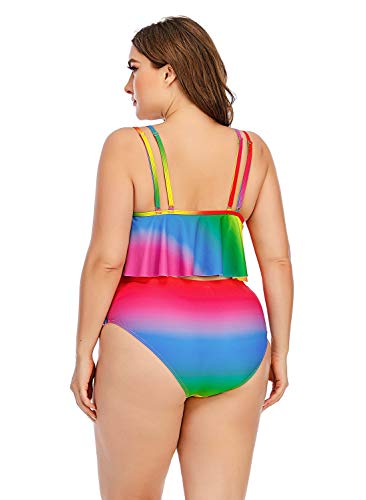 Wellwits Women's Plus Size Rainbow Gradient Color Ruffle Top Bikini Set Swimsuit2