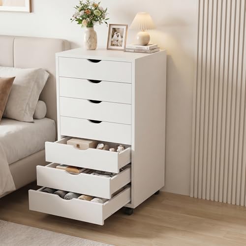 Image of 7 Drawer Mobile File Cabinet Under Desk Storage Organization with Wheels Vertical Filing Chest Rolling Wood Small Desk Printer Stand for Home Office, White