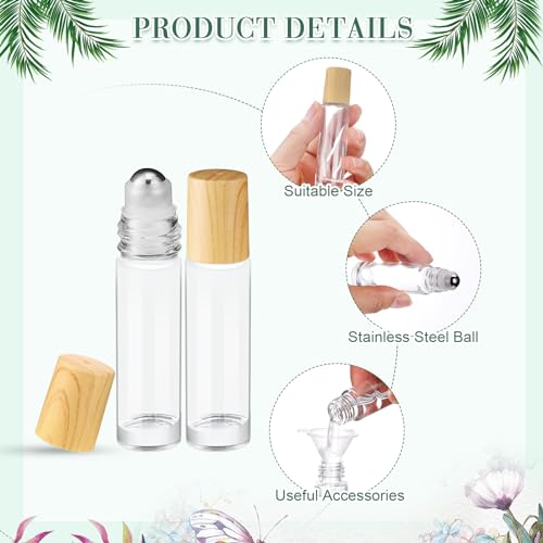 Image of Sumind 150 Pcs Essential Oil Roller Bottles 10 ml Glass Roller Bottles with Stainless Steel Roller Balls Empty Bottles Leak Proof Roll on Bottles with 5 Funnel for Travel Essential Oil (Clear, Wood)