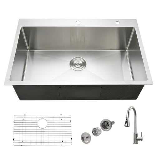 Jshozzy Stainless Steel Kitchen Sink with Faucet, 33x22 Inch Drop in Kitchen Sink and Faucet Combo 18 Gauge 304 Single Bowl Handmade Topmount Deep Basin