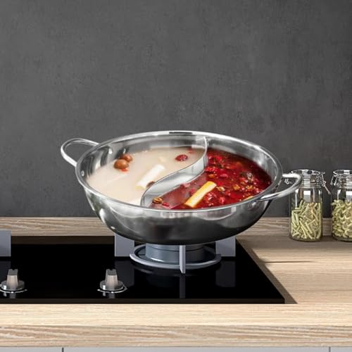 Qianly Shabu Shabu Pot Both Sides Site Shabu Kitchen Cooker Mandarin Duck Pot Hot Pot Cooking Pot Divided Hot Pot for Camping Home, 32cm