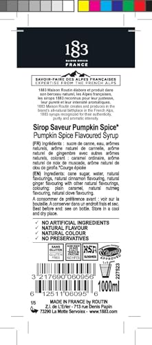 Image of 1883 Pumpkin Spice Syrup - Premium French Flavoring Syrup for Coffee, Lattes, Iced Coffee, Cocktails & Desserts - 1L Glass Bottle, Made in France