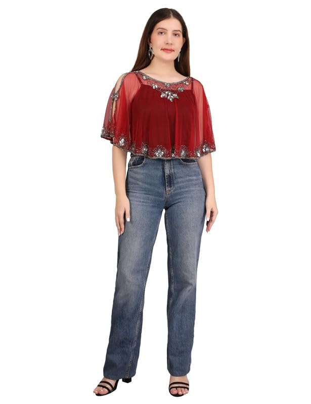 Ali Fashion Women New Poncho Cape for Women, Hand Beaded Embellished U-Nick Floral Pattern Loose Capelets shoulder, Beachwear Ponchos Capes (Red)-image-32