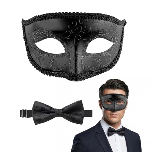 Hyperfun Experience Masquerade Mask for Men Venetian Style Mens Masquerade Mask with Bowtie for Halloween & Costume Parties