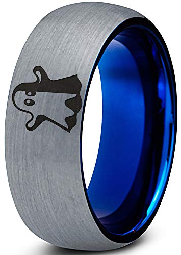 Zealot Jewelry Tungsten Scary Haunting Ghost Emoji Band Ring 8mm Men Women Comfort Fit Blue Dome Brushed Gray Polished Size 5.5