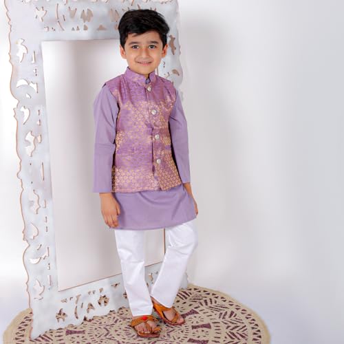Image of Superminis Boy's Cottton Kurta Cotton Brocade Printed With Golden Thread Work Nehru Jacket and Elastic Closure Pyjama Set