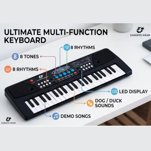 Image of GADGETSWEAR Kids Piano Keyboard With Microphone, 37 Keys, 8 Rhythms, 8 Tones, 6 Demos Portable Electronic Keyboard ,Toy Beginners Educational Songs Recording, Musical Toys For 2 3 4 5 Years Boys Girls