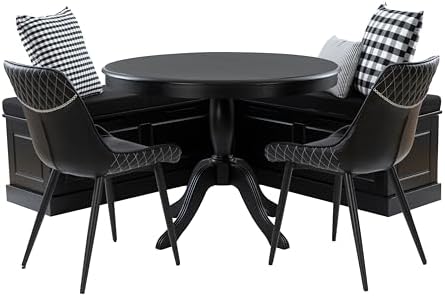 Linon Harris Black Five Piece Wooden Dining Nook Set with Two Faux Leather Upholstered Dining Chairs and Cushion Pillow Set and Black Pedestal Table