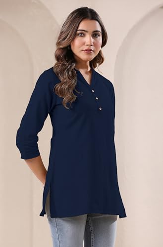 Image of Janasya Women's Light Blue Linen Cotton Solid A-line Top