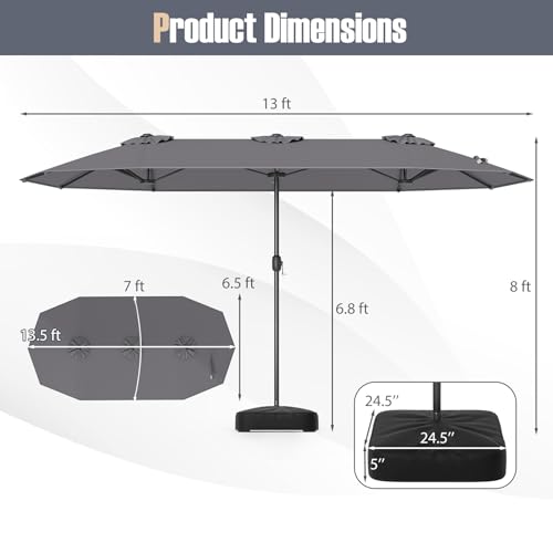 Image of Tangkula 13FT Double-sided Patio Umbrella, Extra Large Twin Table Umbrella with Crank Handle, Umbrella Base, Safety Lock, Air Vent, Outdoor Market Umbrella for Garden Pool Backyard (Gray)