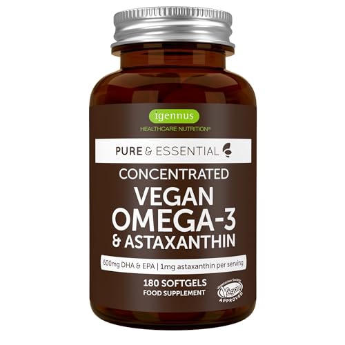 Igennus Vegan DHA & EPA Omega 3 90 Servings,1344mg Algae Oil & Astaxanthin Antioxidant, Pure & Sustainable, 400mg DHA & 200mg EPA, Easy-to-Swallow, 180 Small Softgels