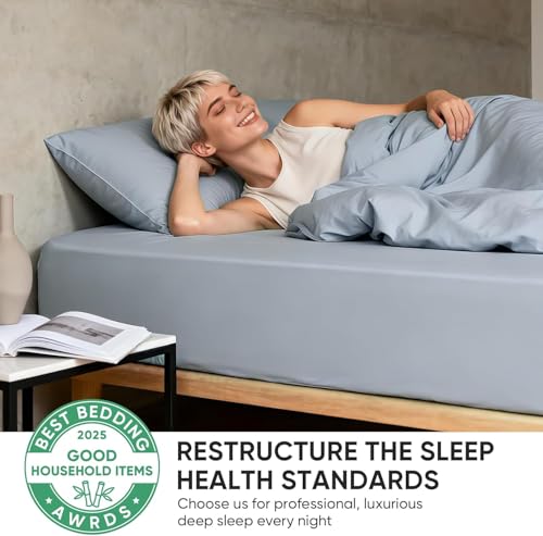 Image of TWK Real 100% Viscose Derived from Bamboo Sheets Set King Size, Cooling & Silky Soft for Hot Sleeper, Breathable & Moisture Wicking Fabric, 18 inch Deep Pocket with Corner Straps (French Blue, King)