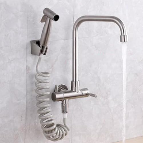JQFDD Rubinetto Cucina a Muro Solo Acqua Fredda Acciaio Inox Rubinetto Cucina con Pistola a Spruzzo Rubinetto da Muro Spazzolato-C