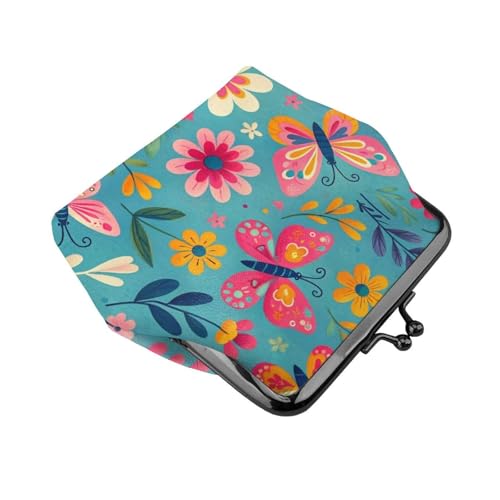 Pu Leather Buckle Coin Purse Colorful-Butterflies-Flowers Girls Kiss-Lock Change Purse Wallets3