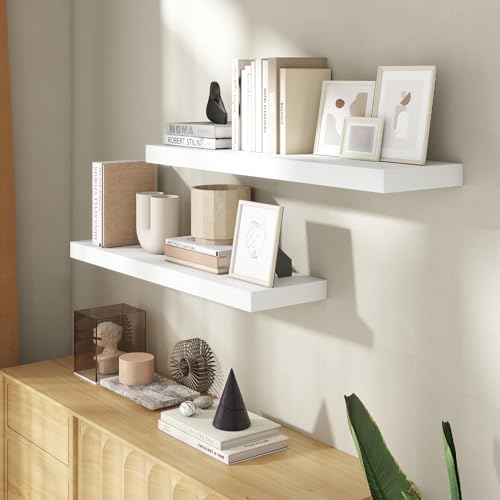 Image of 36 Inch Floating Shelves for Wall, 8 Inch Deep Floating Shelf for Storage & Display, Rustic Wall Mounted Shelf with Invisible Brackets for Living Room, Kitchen, Bathroom, Home Decor, Set of 2, White