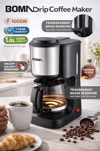 Image of 1000W Drip Coffee Maker Machine | 1.0L (10 Cups) Capacity | 1 Year Warranty | Anti-Drip Function | Transparent Water Level Indicator | LED Power Indicator | Home & Office Use