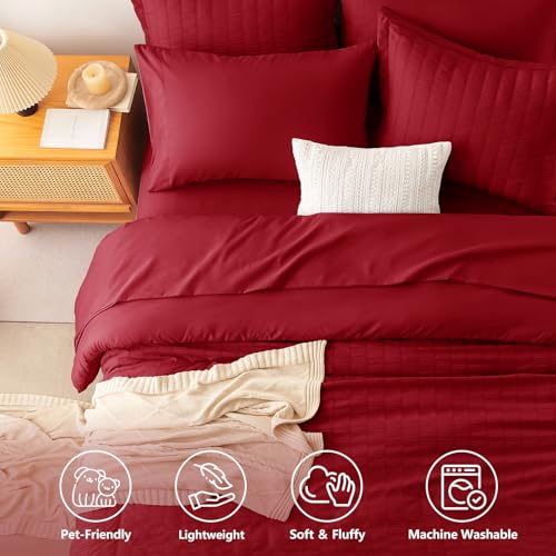 Image of CozyLux Full Size Comforter Sets Dark Red, 7 Pieces Seersucker Textured Luxury Bed in a Bag, All Seasons Soft Bedding Sets with Down Alternative Comforter, Sheets, Pillowcases & Shams, Bedroom Bed Set