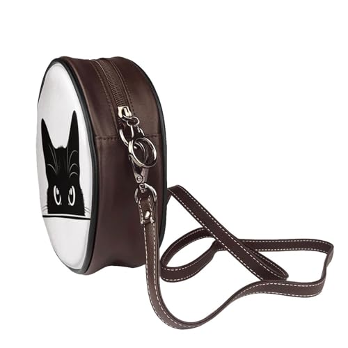 Black Cat Head Peeking Women Round Crossbody Bags Leather Sling Bag Purse3