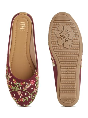 Image of OPIVE's Mehandi Women's Mojari Jutti Ethnic Punjabi Juttis Traditional Flat Embroidered Canvas Fancy Bellies Comfortable Sole for Womens & Girls