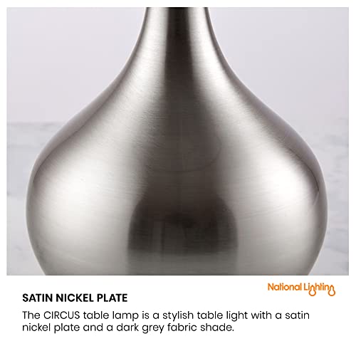 National Lighting Modern Table Lamp - 3-Stage Dimmer Touch Lamp for Desk - Bedside Reading Lamps for Bedroom - Satin Nickel Effect & Dark Grey Cotton - 40W 240V Incandescent E14 Candle (Not Included)