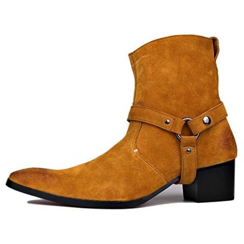 OSSTONE Dress Boot for Men Leather Chukka Designer Boots Casual Heel Shoes Zipper-up OS-JY002-US (Yellow with belt, numeric_9_point_5) Cover
