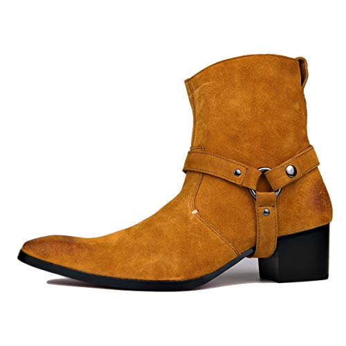 Dress Boot For Men Leather Chukka Designer Boots Casual Heel Shoes Zipper-up By OTTO ZONE JY002 Yellow Belt 8