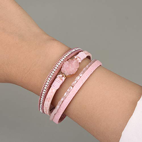Fancy Shiny Leather Wrap Bracelet Boho Cuff Bracelets Crystal Bead Bracelet With Clasp Jewelry Gifts For Women Teen Girls(7.7", Pink) #TOP1