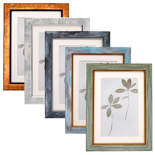 Fixwal 5×7 Picture Frame Set of 5, Vintage Photo Frame, Rustic Retro Picture Frame with Tempered Glass, Decorative Art on Walls and Tabletop Placement